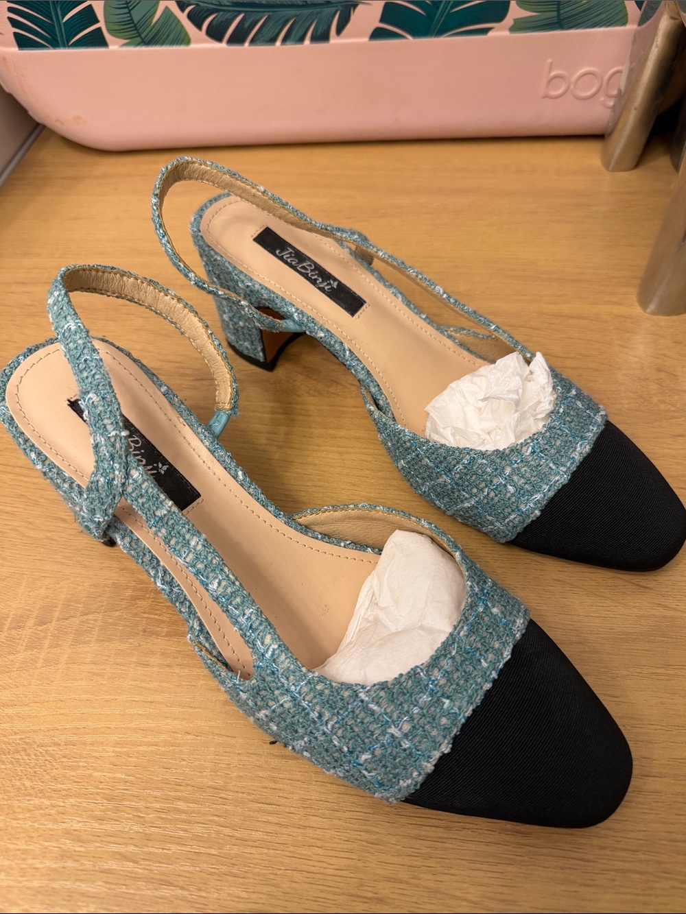 Jia Binji Teal Tweed Slingback Heels